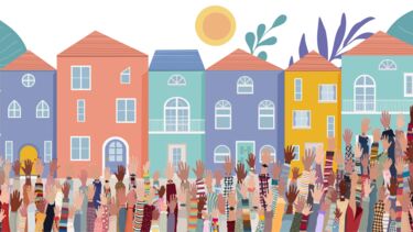 A graphic of many hands raised in front of various colour buildings