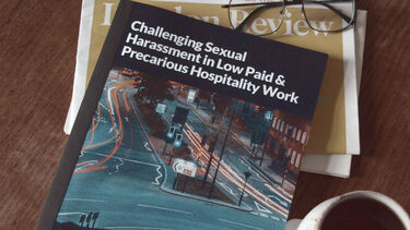 A magazine with a front cover that reads 'Challenging Sexual Harassment in low paid and precarious hospitality work