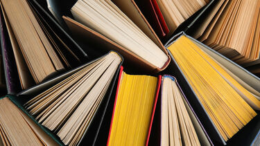 A collection of books stood up. The photo is taken from above.
