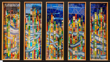 Colourful stained glass window in the Wave cafe