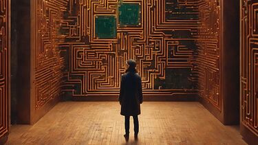 A student choosing which doorway to go through inside a computer