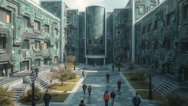 A futuristic university campus made of computer components