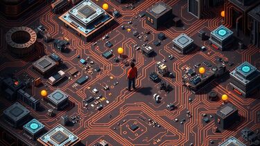 A figure exploring a maze made up of computer components