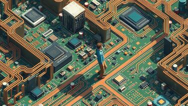 A figure exploring a maze made up of computer components