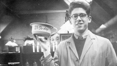 black and white image of Bernard Tinker in the science labs at Sheffield on his 21st birthday