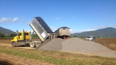 Crushed basalt being delivered to one of the sugarcane field trial sites (Hesp) in Australia in May 2018. Photo: Kalu Davies.