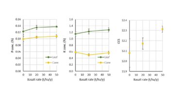 Mean phosphorus and potassium contents of leaves and cane (% of dry matter) and commercial cane sugar content (CCS) at Hesp trial at the 2021 harvest, as a function of basalt application rate. Error bars show standard error of the mean.