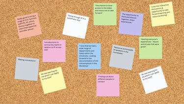 A bulletin board with post-it note comments about the workshop. The comments read: ‘Introductions to various key teams in relation to IP across UoS’ ‘The chance to have access to the slides and resources to take forward’ ‘Resource and breadth of speakers in the roundtable.’ ‘All new learning for me which I can apply to my work’ ‘The opportunity to think and discuss together, share experiences.’ ‘Going through IP in a systematic way’ ‘Finding out about different people to contact’ 