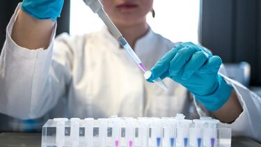 Person wearing lab PPE using a pipette to dispense liquids between small test tubes