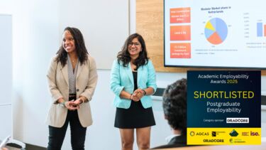 Two students presenting. A badge saying Academic Employability Awards 2025 Shortlisted.