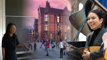 blended image showing language teaching, musical performance on a balalika, and the jessop building