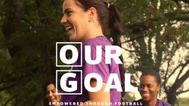 Our goal text over women in sports gear in park