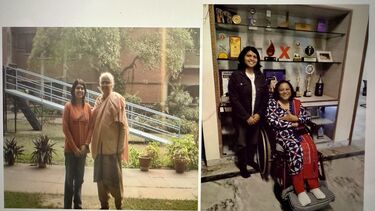 Alt text for image on left:&nbsp;Two women standing on a sidewalk, smiling, with a building and trees in the background.  Alt text for image on right:&nbsp;Two women in front of a shelf with trophies and awards; one standing, one in a wheelchair, both smiling.
