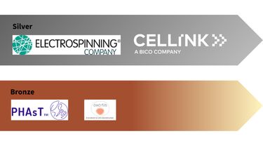 Sponsor logos place on a background of a grey arrow for silver sponsors (Electrospinning Company and Cellink) and Brown for bronze sponsor (PHAsT and Oxartis)