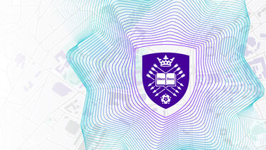 University purple shield surrounded by map lines symbolising campus safety