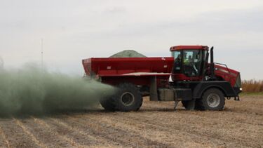 Basalt is applied to harvested soybean fields at the University of Illinois Energy Farm in November 2019