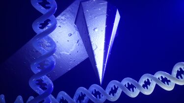 CGI of strands of DNA being scanned by an atomic force microscope probe