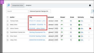 In the Turnitin assignment inbox, several assignments are highlighted in the Title column