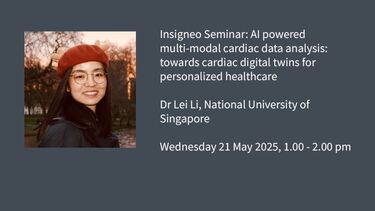Insigneo Seminar graphic: Insigneo Seminar: AI powered multi-modal cardiac data analysis: towards cardiac digital twins for personalized healthcare  Dr Lei Li, National University of Singapore  Wednesday 21 May 2025, 1.00 - 2.00 pm 