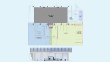 Birds Eye View Diagram of Arts Tower and the space just in front of the building to show the different phases of the improvement works.