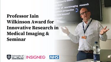 Image graphic with a photo a a balm man wearing dark rimmed glasses and a white shirt talking with both arms outstretched. Text: Professor Iain Wilkinson Award for Innovative Research in Medical Imagine & Seminar