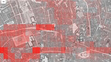 Black and white map of London with some areas shaded in red and the text 'Locating London's Past'