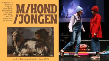 poster to announce the theatre production M/Hond/Jongen and an image of two students in woolly hats facing each other