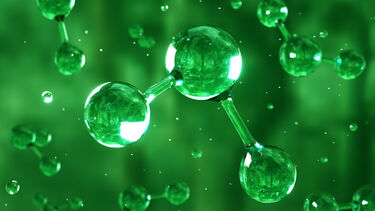 Digital generated image of H2 hydrogen molecule made out of liquid on green background.