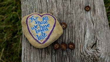 A stone painted with the words 'For all those we have loved and lost'