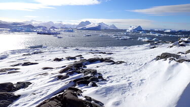 An Antarctic vista with ocean and icebergs