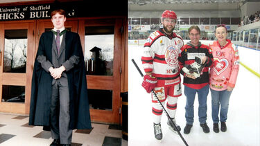 Robert Wright at his Sheffield graduation ceremony, and at a Swindon Wildcats ice hockey game