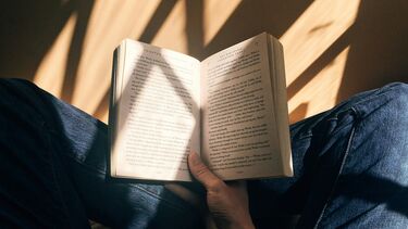 Someone sat cross-legged reading a book
