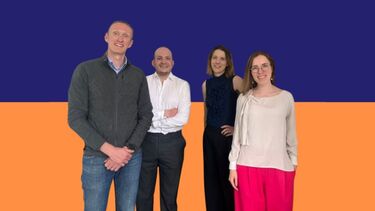 Dr Amy Orben, Professor Kate Dommett, Dr David Zendle, Mark Scott standing in front of a blue and orange background