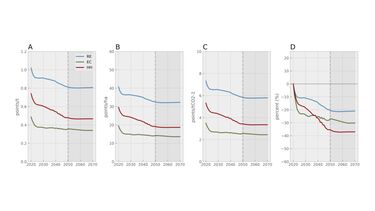 Plot A) shows time series change in end-points resources (RE), ecosystems (EC), and human health (HH) per ton of processed rock , Plot B) shows time series change in end-points per hectare, Plot C) shows time series change in end- points per ton of CO2 removed, Plot D) shows time series change in percentage (%) for the three end-point impact categories. 