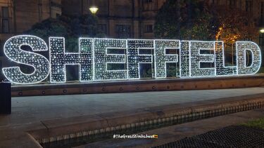 The word 'Sheffield' in Christmas lights.