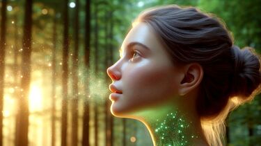 An AI woman with green lungs looking forward