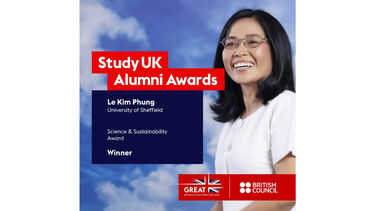 Le Kim Phung smiling in glasses and a white blouse, beside her name in British Council Study UK Award branding