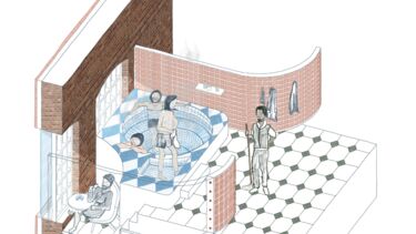 Drawing of people in baths with tiled floor