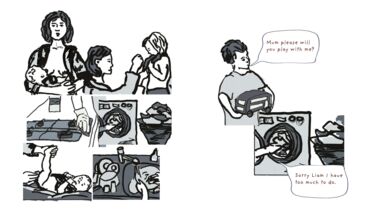 Drawing of mother and son. Son asking mum to play with him but she has too much to do.