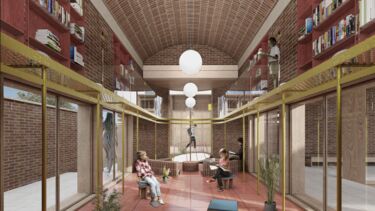 Children reading books inside brick building with vaulted ceiling