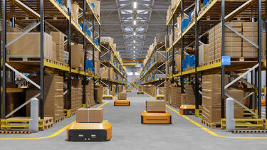 Robots transport boxes in a warehouse