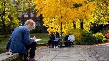 Student writing in park