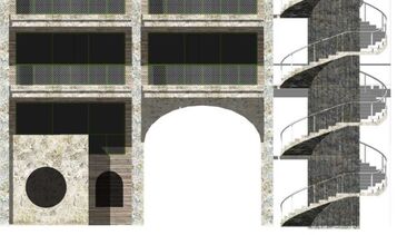 Cross section of multi storey building with external spiral staircase