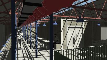 Cafe with sky light and metal pillars