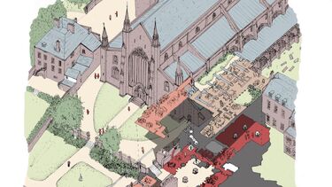Looking above catherdral and park areas next to river 