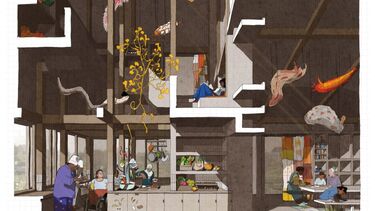 Cross section of interior with kitchen and lounge areas 