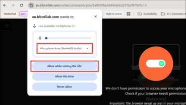 Web browser with pop up window reading "eu.bbcollab.com wants to use available microphones"
