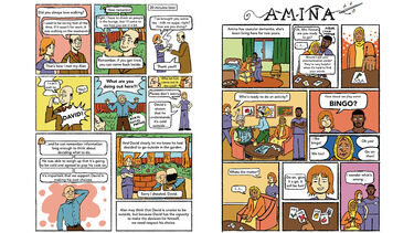 David – Part 2 Eight-panel comic showing David’s partner Alan learning that David can still make his own decisions, and that care staff respect his choices.  Amina – Part 1 Eight-panel comic introducing Amina, who uses communication cards to express herself when asked to join a bingo game at the care home.