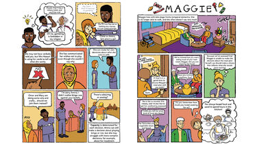 Amina – Part 2 Eight-panel comic where Amina’s carers realise she declined bingo because of her faith, and they support her in choosing another activity.  Maggie – Part 1 Seven-panel comic about Maggie, who has late-stage dementia, and how her daughter and care staff discuss her meal preferences.