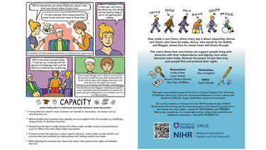 Maggie – Part 2 Four-panel comic showing care staff adjusting Maggie’s diet to match her love of sweet foods and focusing on her wellbeing and preferences.  Back page Final page showing the main characters with a summary about supporting independence and dignity in dementia care, plus project credits and logos.